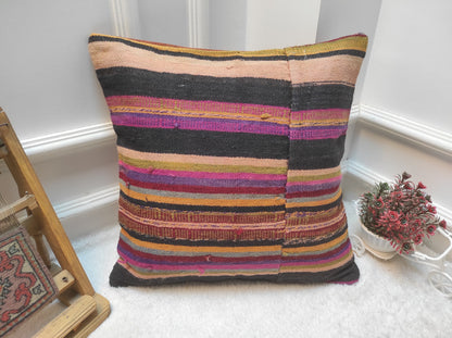 Handmade Kilim Pillow Cover: Upcycled Woven Rug, Bohemian Decor (18x18 in)