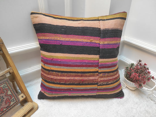 Handmade Kilim Pillow Cover: Upcycled Woven Rug, Bohemian Decor (18x18 in)