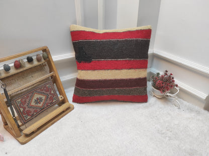 Handmade Kilim Pillow Cover: Upcycled Woven Rug, Red 18x18 inc