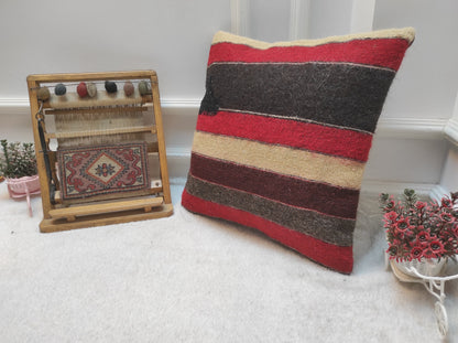 Handmade Kilim Pillow Cover: Upcycled Woven Rug, Red 18x18 inc
