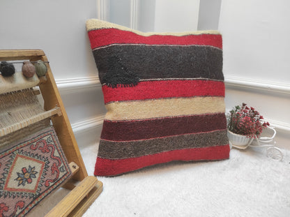 Handmade Kilim Pillow Cover: Upcycled Woven Rug, Red 18x18 inc