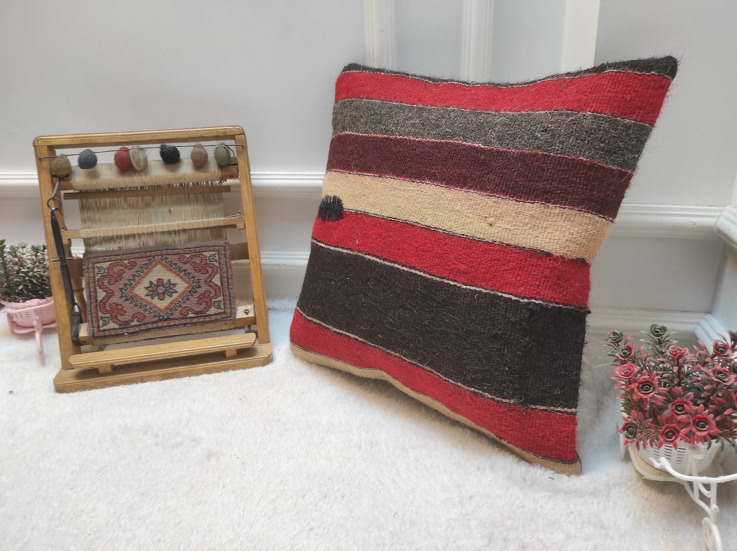 Handmade Kilim Pillow Cover: Red & Black Bohemian Woven Pillow (18x18 inc.)
