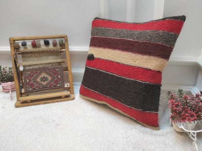 Handmade Kilim Pillow Cover: Red & Black Bohemian Woven Pillow (18x18 inc.)