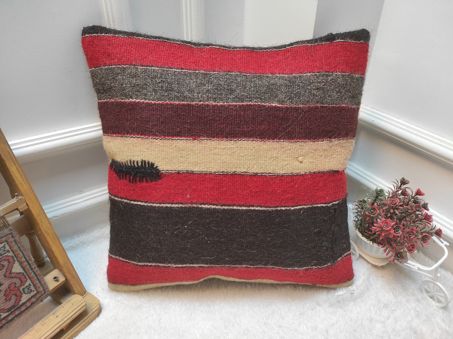 Handmade Kilim Pillow Cover: Red & Black Bohemian Woven Pillow (18x18 inc.)