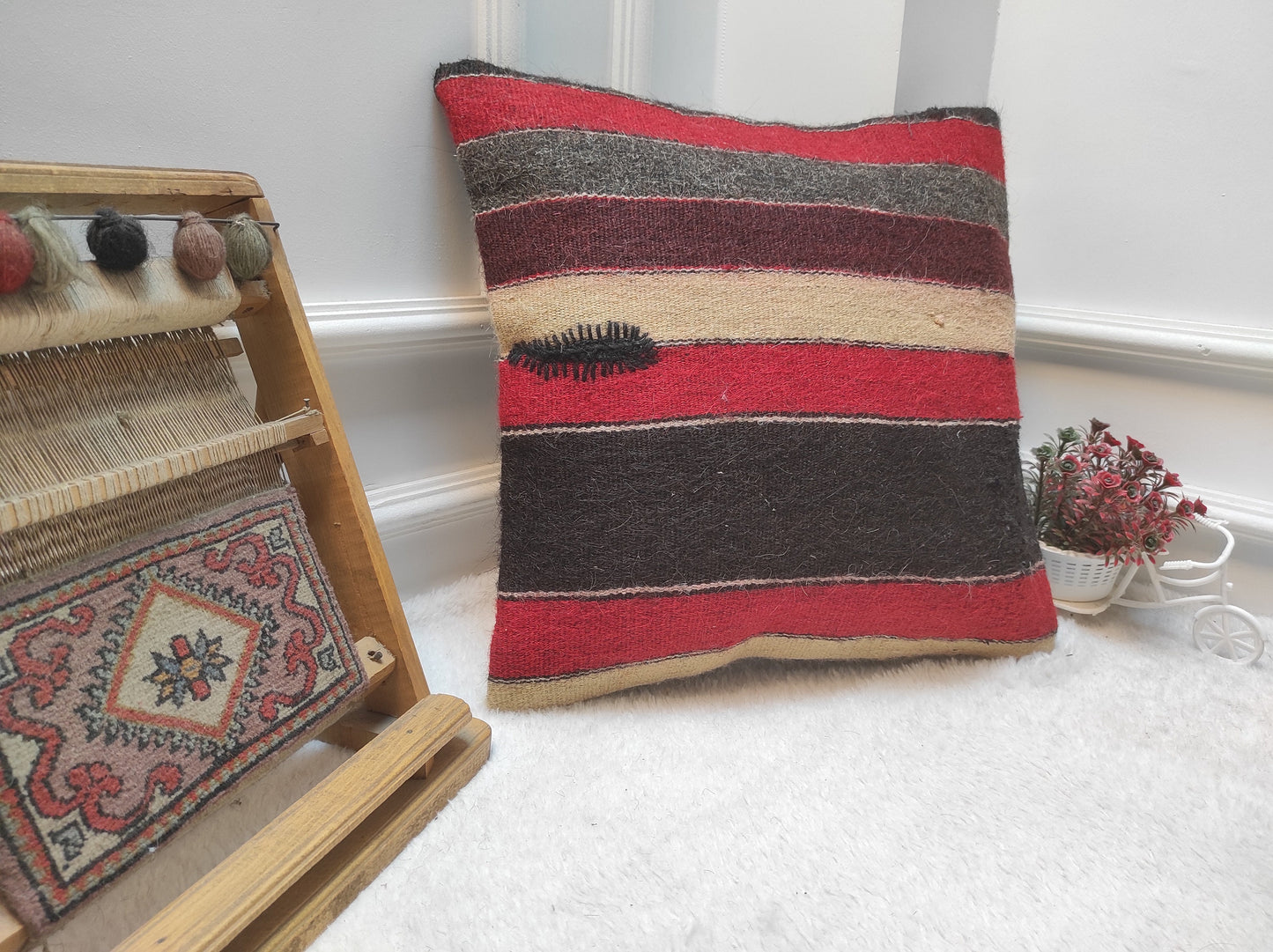 Handmade Kilim Pillow Cover: Red & Black Bohemian Woven Pillow (18x18 inc.)