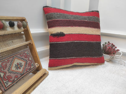 Handmade Kilim Pillow Cover: Red & Black Bohemian Woven Pillow (18x18 inc.)
