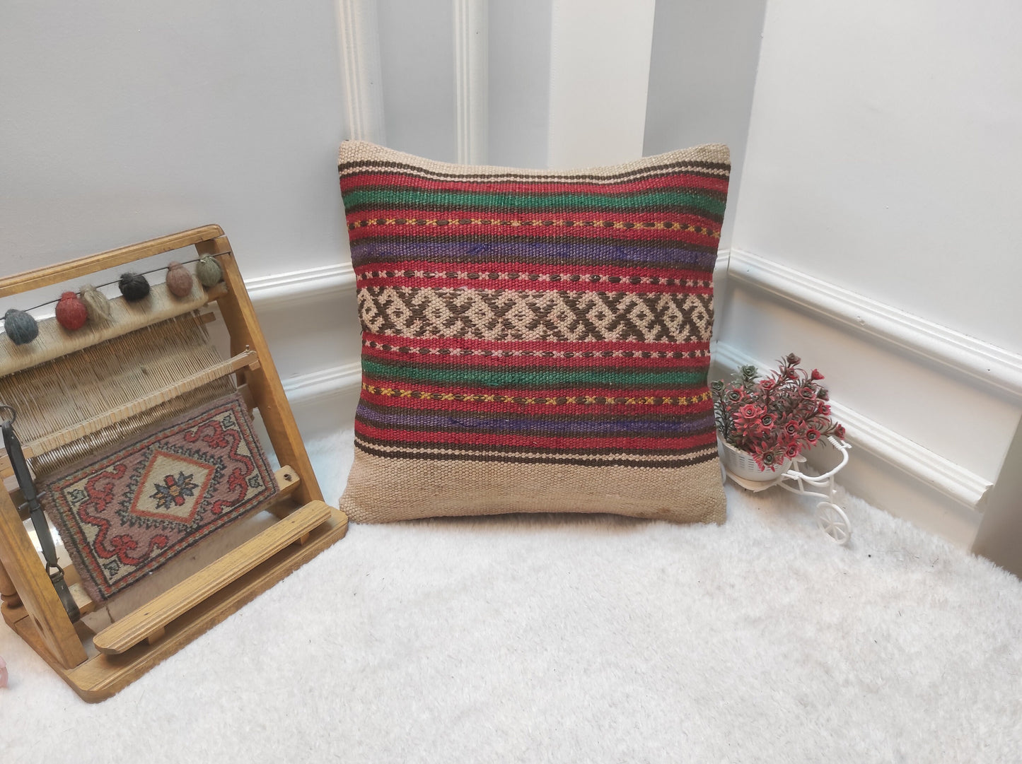 Handwoven Kilim Pillow Cover: Upcycled Bohemian Rug Pillow (18x18 in)