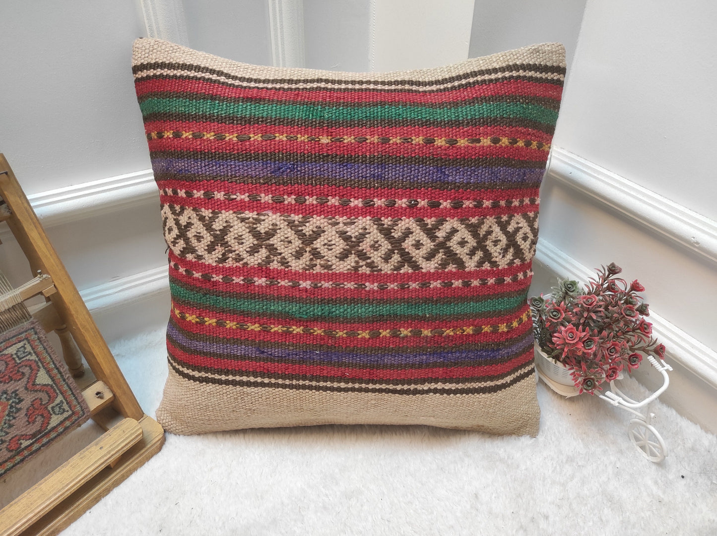Handwoven Kilim Pillow Cover: Upcycled Bohemian Rug Pillow (18x18 in)