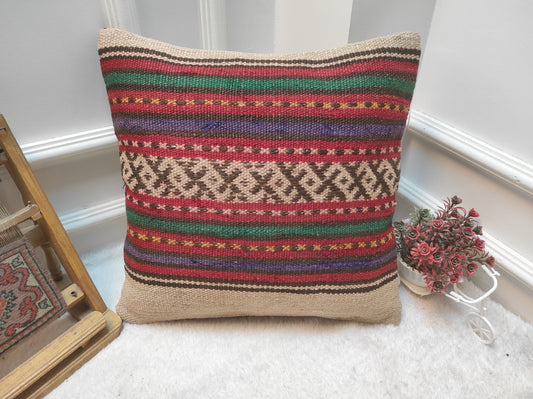 Handwoven Kilim Pillow Cover: Upcycled Bohemian Rug Pillow (18x18 in)
