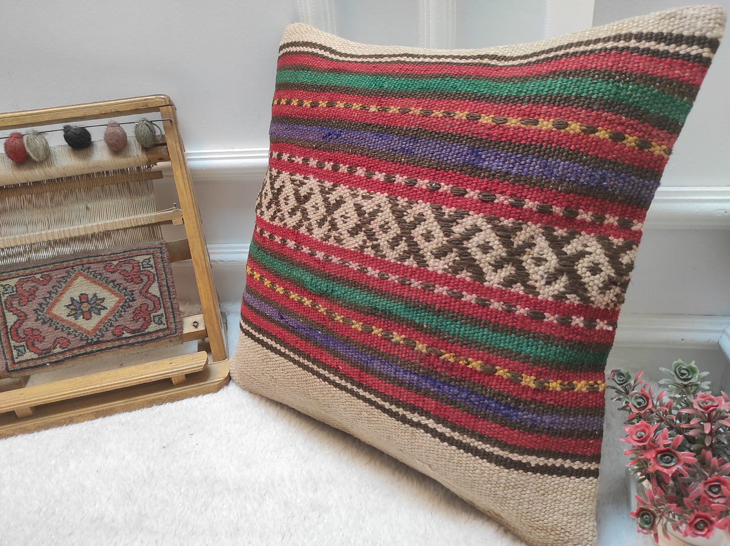 Handwoven Kilim Pillow Cover: Upcycled Bohemian Rug Pillow (18x18 in)