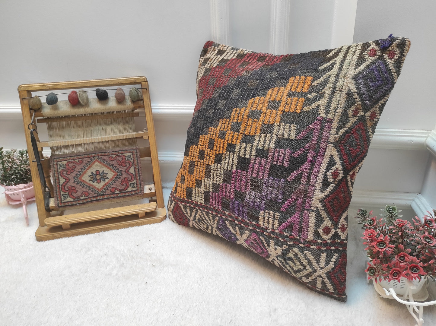Handmade Kilim Pillow Cover: Upcycled Woven Rug, 18x18 in