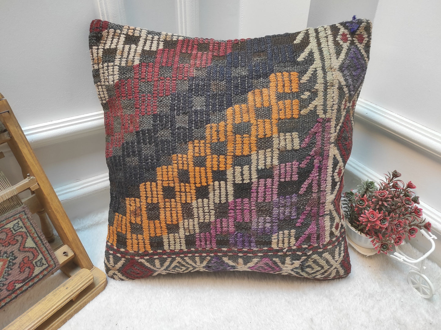 Handmade Kilim Pillow Cover: Upcycled Woven Rug, 18x18 in