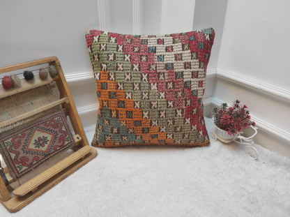 Handmade Kilim Pillow Cover: Upcycled Turkish Rug, Bohemian Decor (18x18 in)