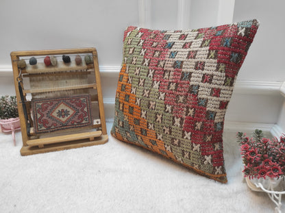 Handmade Kilim Pillow Cover: Upcycled Turkish Rug, Bohemian Decor (18x18 in)