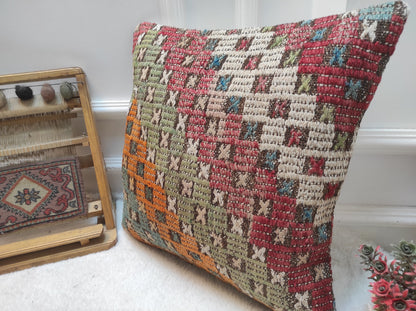 Handmade Kilim Pillow Cover: Upcycled Turkish Rug, Bohemian Decor (18x18 in)