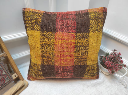 Handwoven Kilim Pillow Cover: Rustic Ethnic Wool Pillow (18x18 inch)