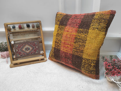 Handwoven Kilim Pillow Cover: Rustic Ethnic Wool Pillow (18x18 inch)