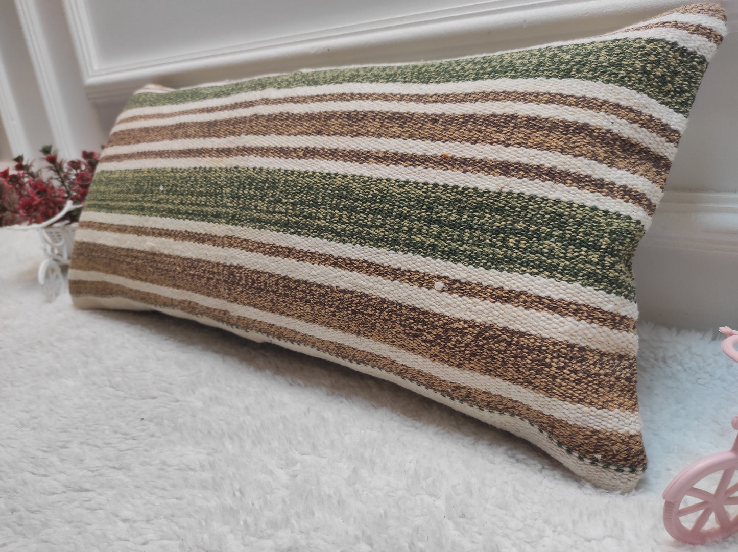 Handmade Kilim Lumbar Pillow Cover: Upcycled Woven Rug, 12x24 inch