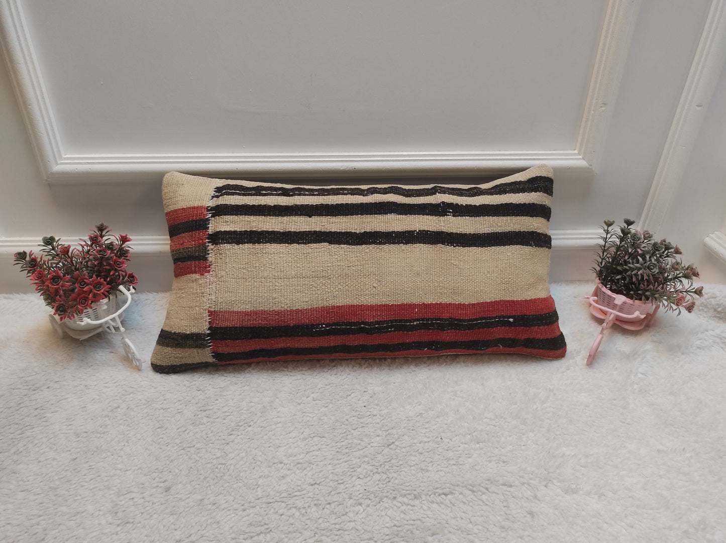 Handmade Turkish Kilim Lumbar Pillow: Woven Boho Decor (12x24 in)