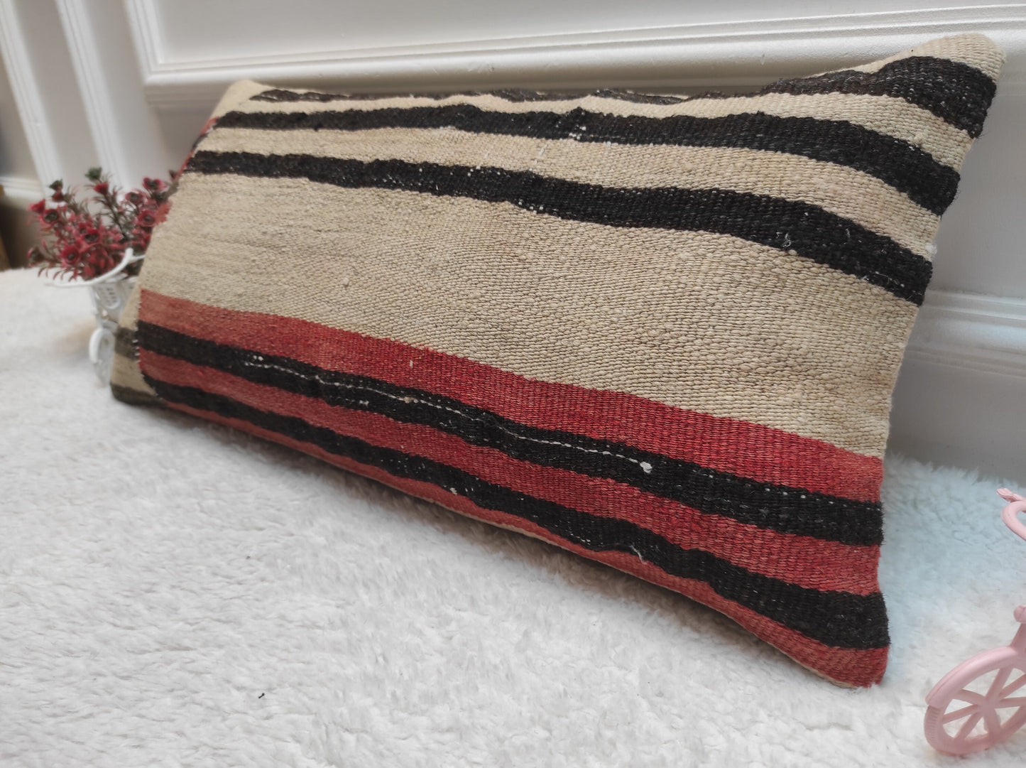Handmade Turkish Kilim Lumbar Pillow: Woven Boho Decor (12x24 in)