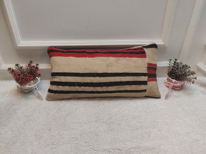 Handmade Woven Kilim Lumbar Pillow Cover: Turkish Boho Decor (12x24 in)
