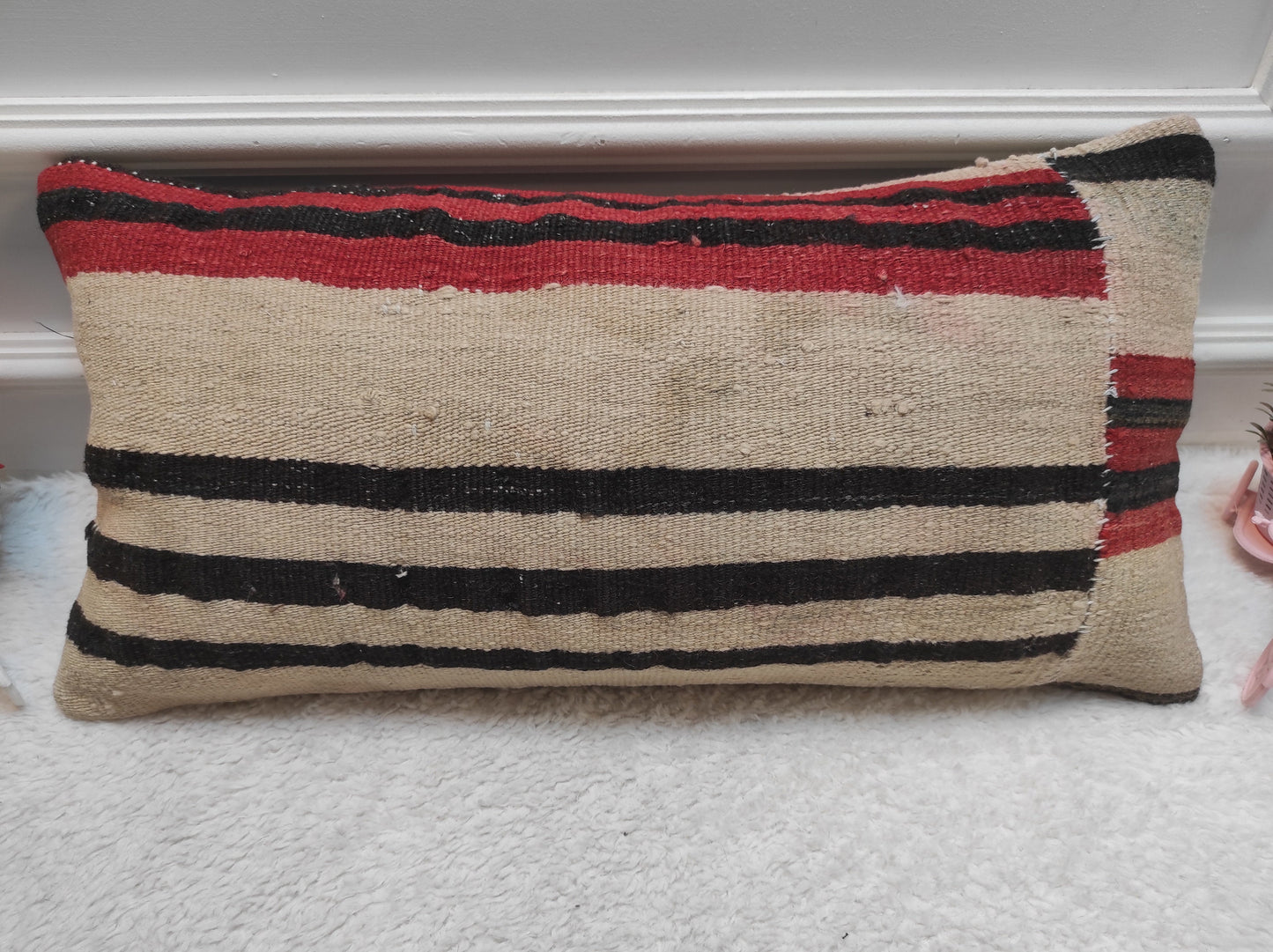 Handmade Woven Kilim Lumbar Pillow Cover: Turkish Boho Decor (12x24 in)