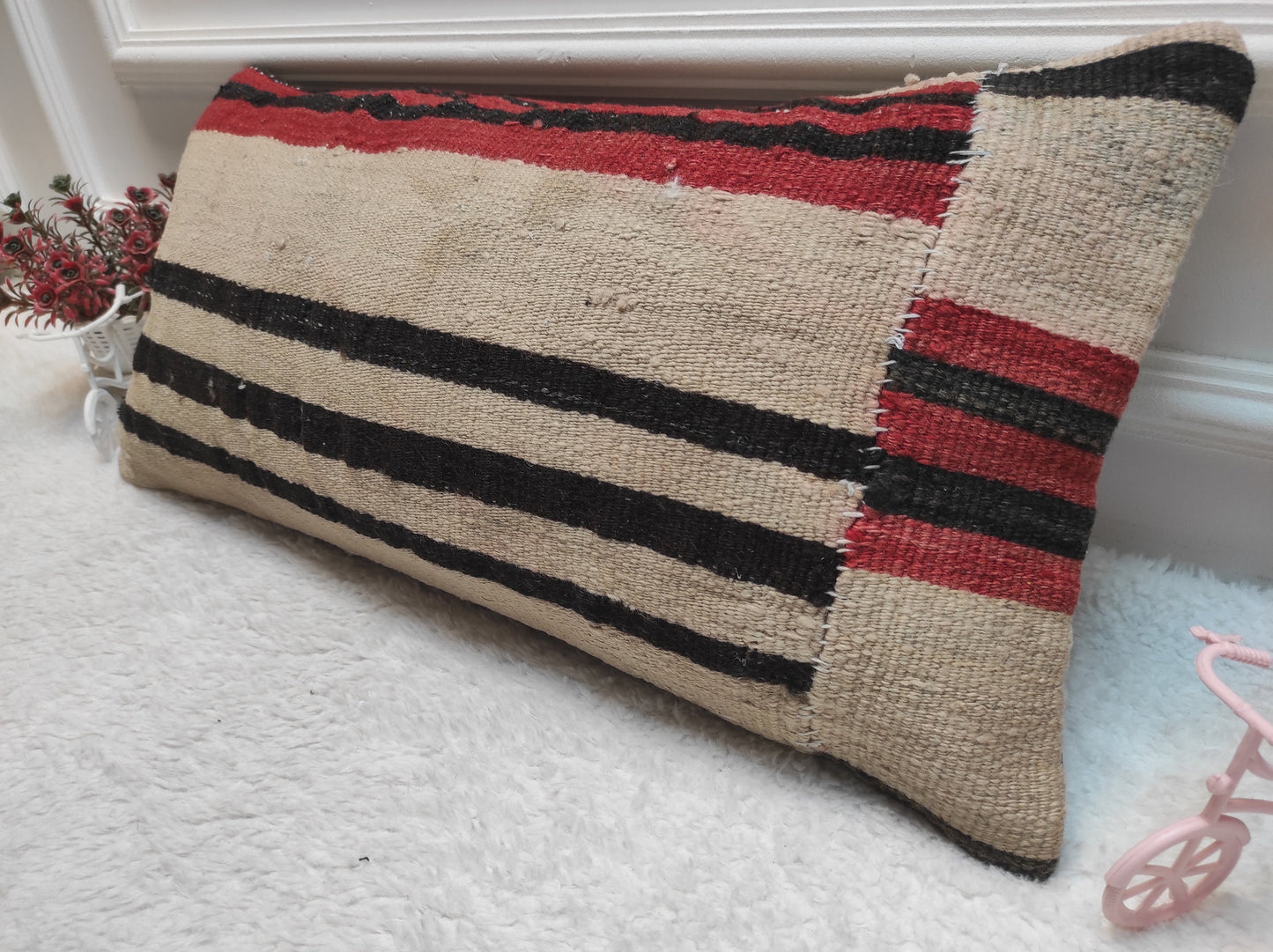 Handmade Woven Kilim Lumbar Pillow Cover: Turkish Boho Decor (12x24 in)