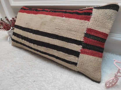 Handmade Woven Kilim Lumbar Pillow Cover: Turkish Boho Decor (12x24 in)