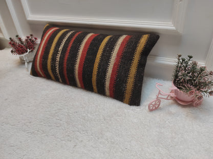 Handmade Kilim Lumbar Pillow Cover: Upcycled Woven Rug, 12x24