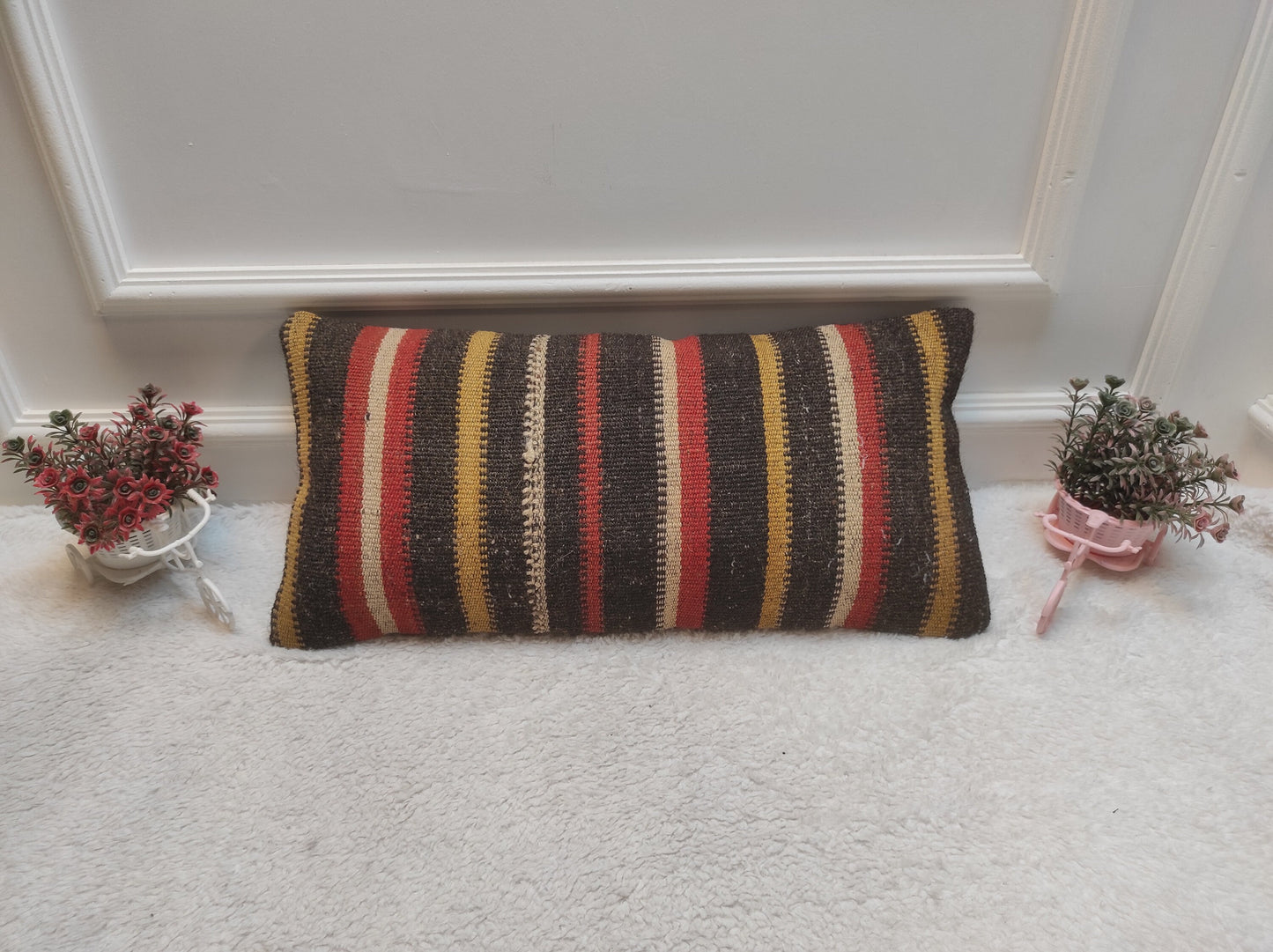 Handmade Kilim Lumbar Pillow Cover: Upcycled Woven Rug, 12x24