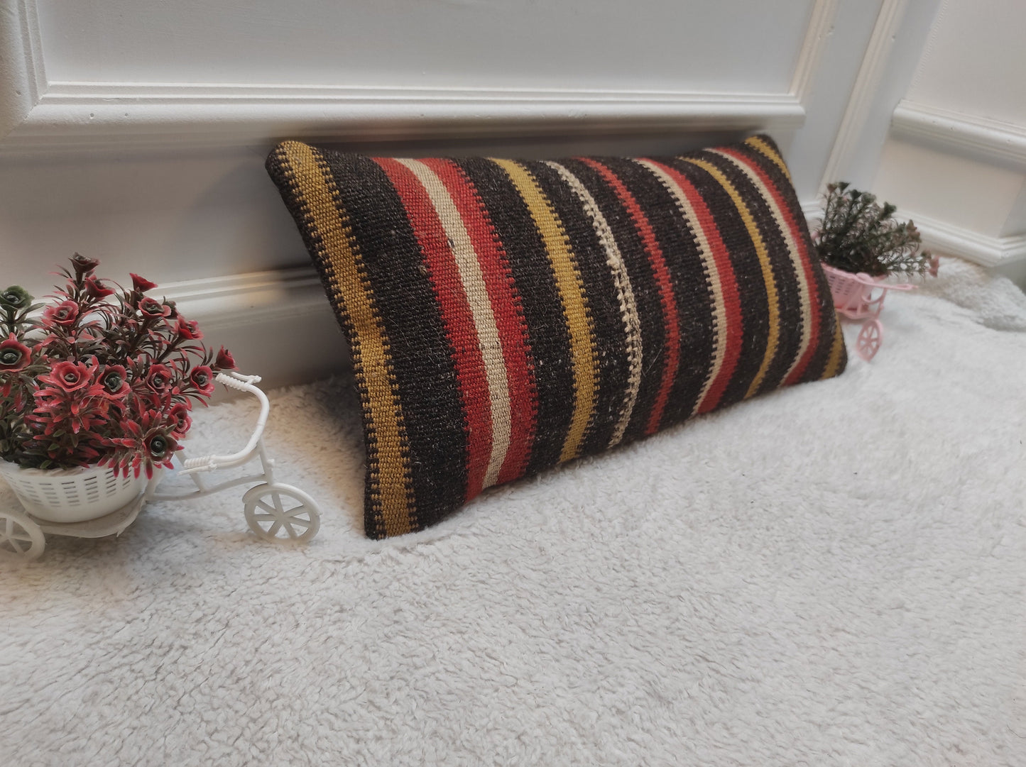 Handmade Kilim Lumbar Pillow Cover: Upcycled Woven Rug, 12x24