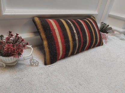 Handmade Kilim Lumbar Pillow Cover: Upcycled Woven Rug, 12x24