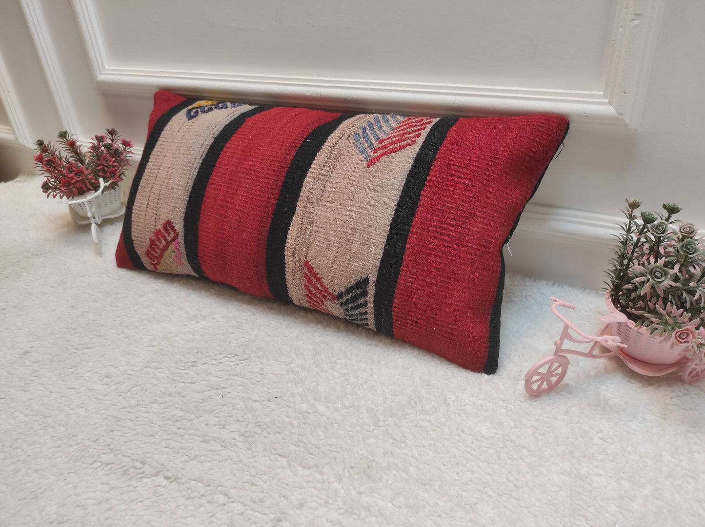 Red Kilim Lumbar Pillow: Handwoven Wool, Bohemian Accent (12x24 inc)