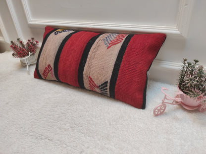Red Kilim Lumbar Pillow: Handwoven Wool, Bohemian Accent (12x24 inc)