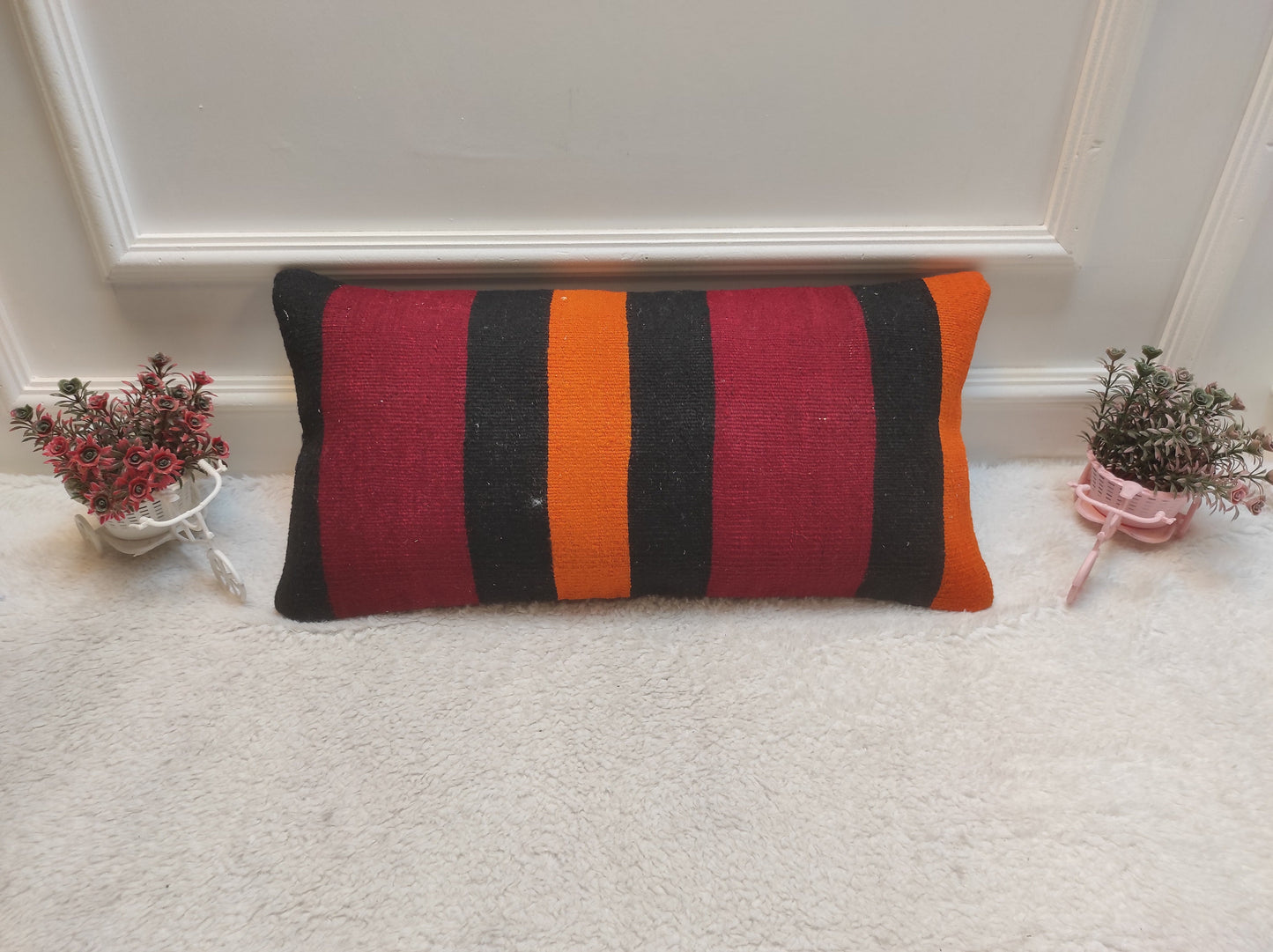 Handmade Kilim Pillow Cover: Upcycled Woven Rug, Ethnic Striped Pillowcase (12x24 inc)