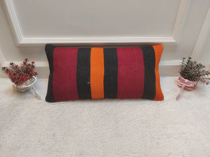 Handmade Kilim Pillow Cover: Upcycled Woven Rug, Ethnic Striped Pillowcase (12x24 inc)