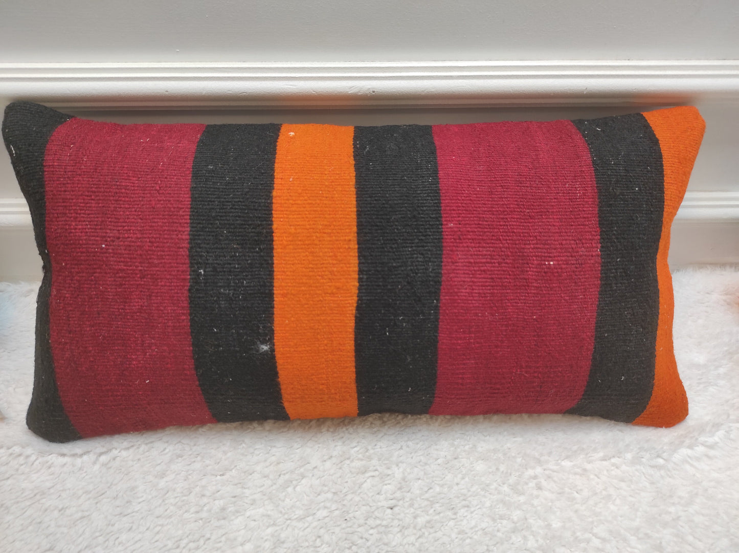 Handmade Kilim Pillow Cover: Upcycled Woven Rug, Ethnic Striped Pillowcase (12x24 inc)