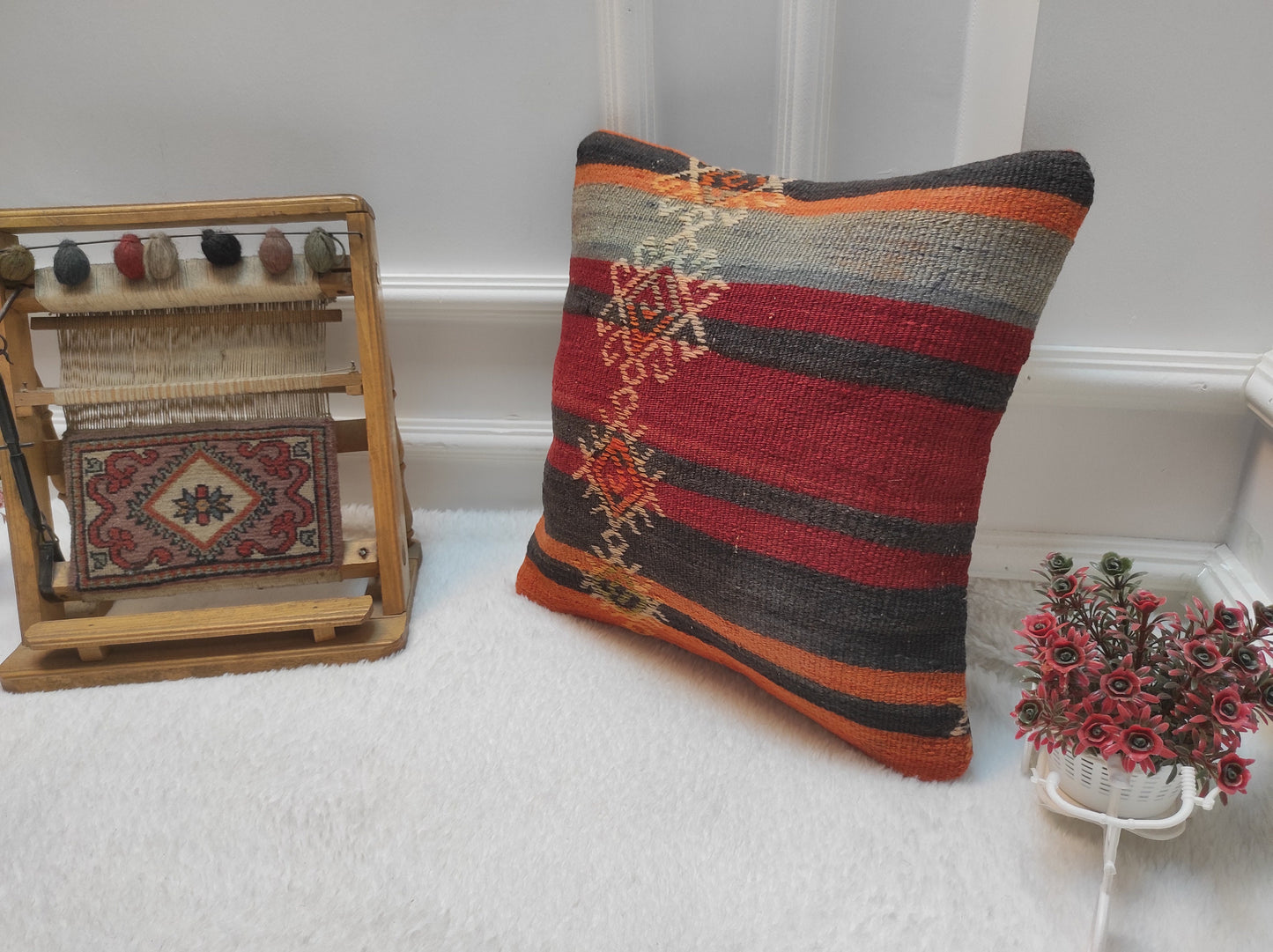Handmade Kilim Pillow Cover: Red Bohemian Woven Rug Pillow (16x16 inc.)