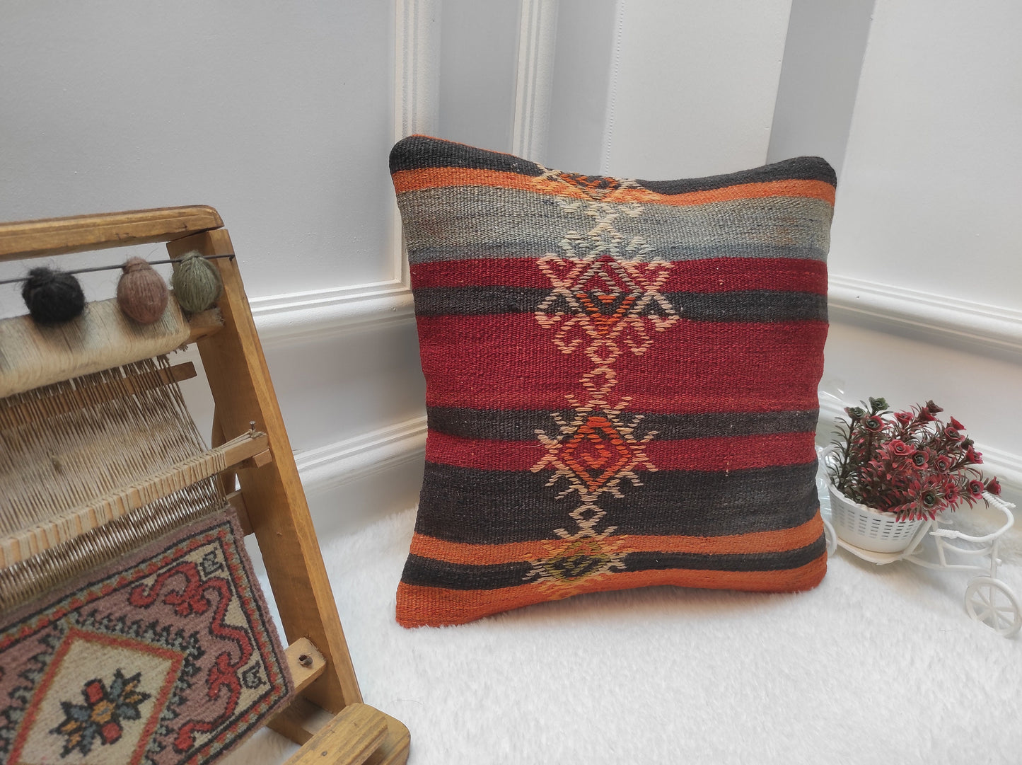Handmade Kilim Pillow Cover: Red Bohemian Woven Rug Pillow (16x16 inc.)