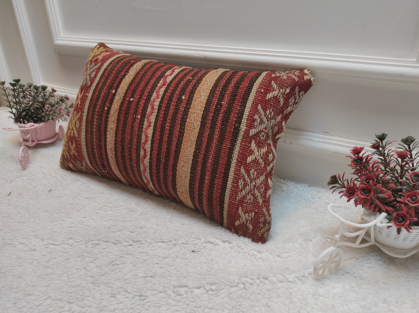 Handmade Kilim Pillow Cover: Upcycled Woven Rug, Rustic Ethnic Decor (12x20 in)