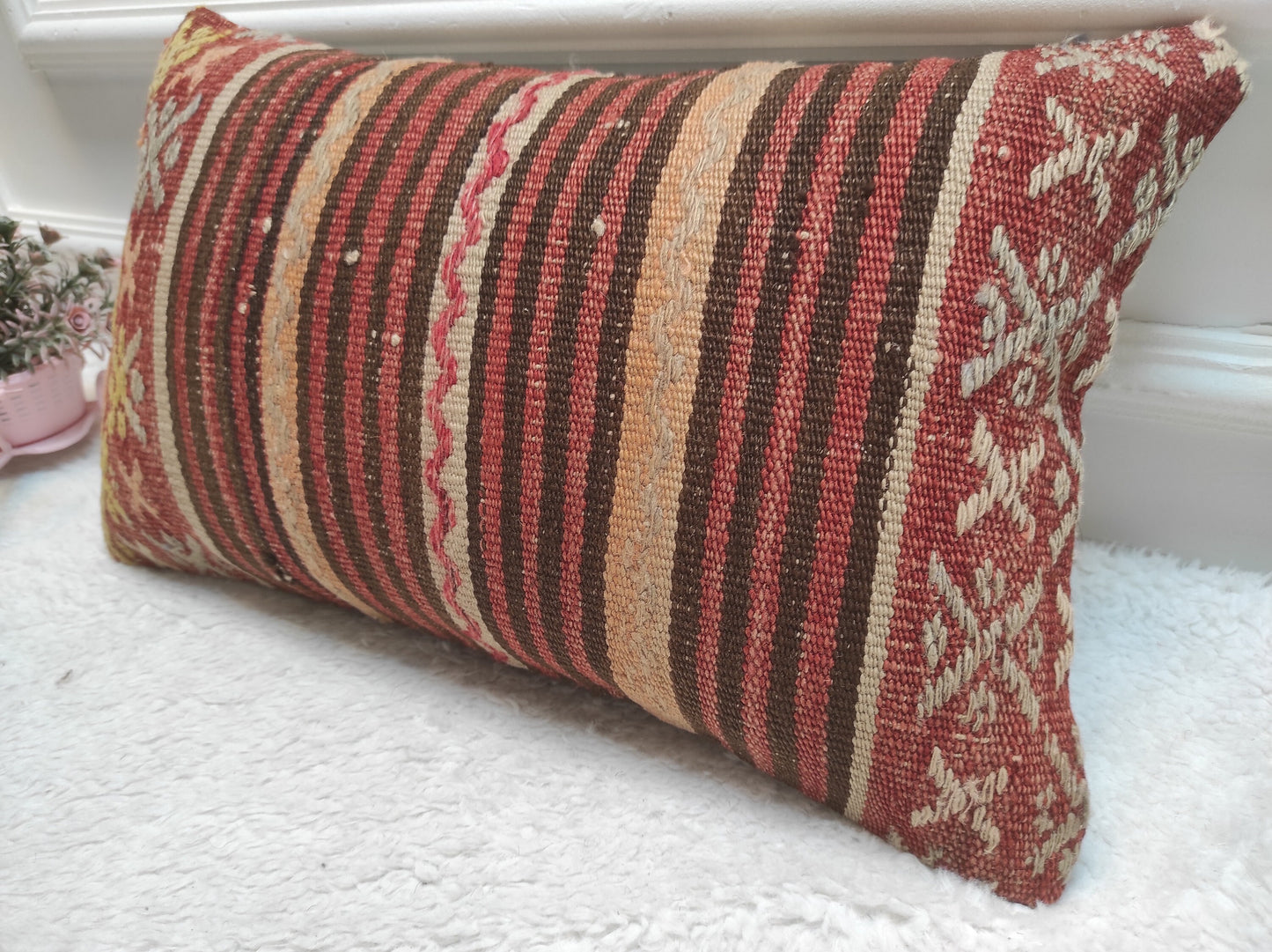 Handmade Kilim Pillow Cover: Upcycled Woven Rug, Rustic Ethnic Decor (12x20 in)