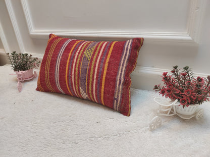 Handmade Red Kilim Lumbar Pillow Cover: Turkish Woven Rug, 12x20 inc