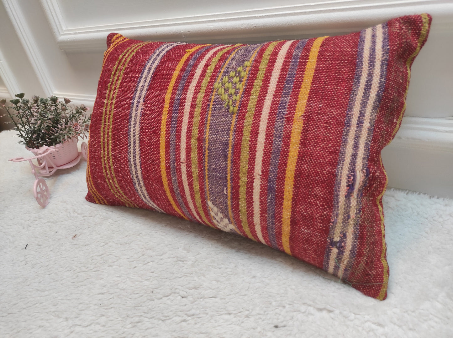 Handmade Red Kilim Lumbar Pillow Cover: Turkish Woven Rug, 12x20 inc