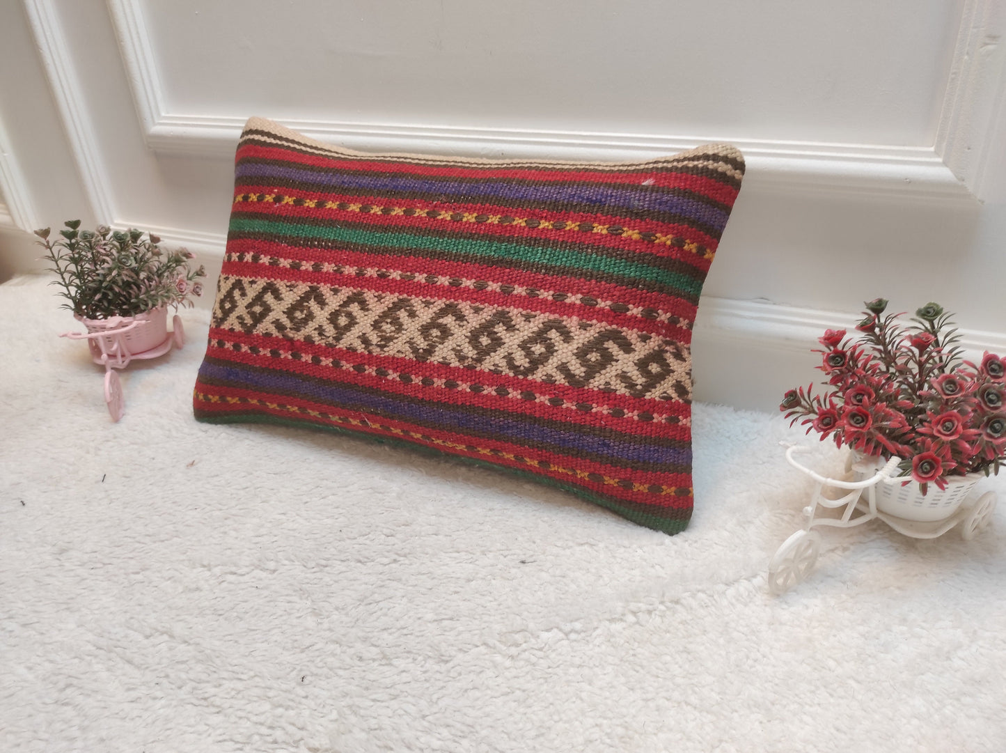 Handwoven Kilim Lumbar Pillow Cover: Rustic Ethnic Decor (12x20 in)