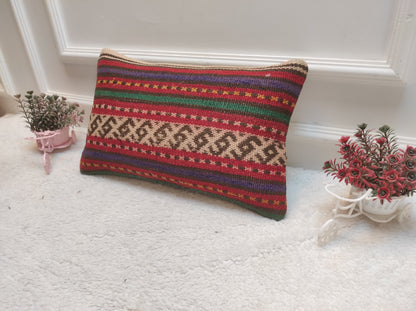 Handwoven Kilim Lumbar Pillow Cover: Rustic Ethnic Decor (12x20 in)