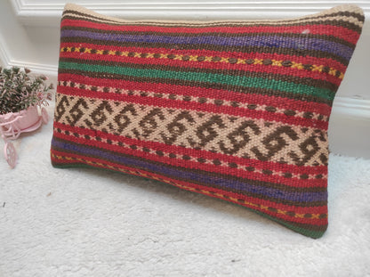 Handwoven Kilim Lumbar Pillow Cover: Rustic Ethnic Decor (12x20 in)