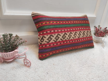 Handwoven Kilim Lumbar Pillow Cover: Rustic Ethnic Decor (12x20 in)