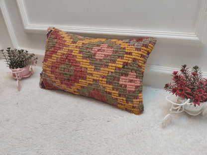 Handwoven Kilim Lumbar Pillow Cover: Upcycled Bohemian Rug (12x20 in)