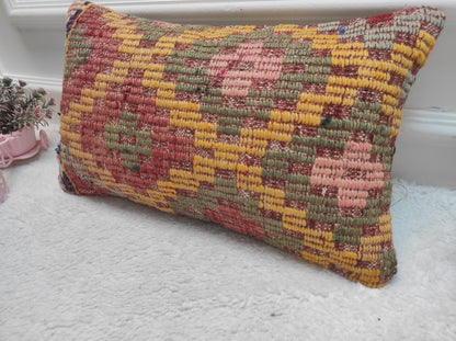Handwoven Kilim Lumbar Pillow Cover: Upcycled Bohemian Rug (12x20 in)