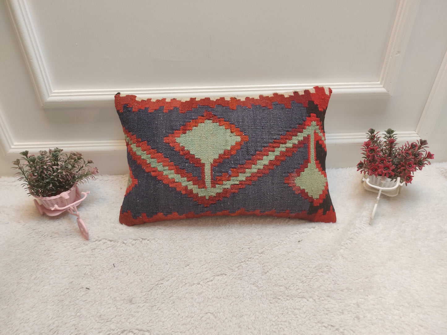 Handmade Kilim Pillow Cover: Upcycled Woven Rug, Ethnic Design (12x20 in)
